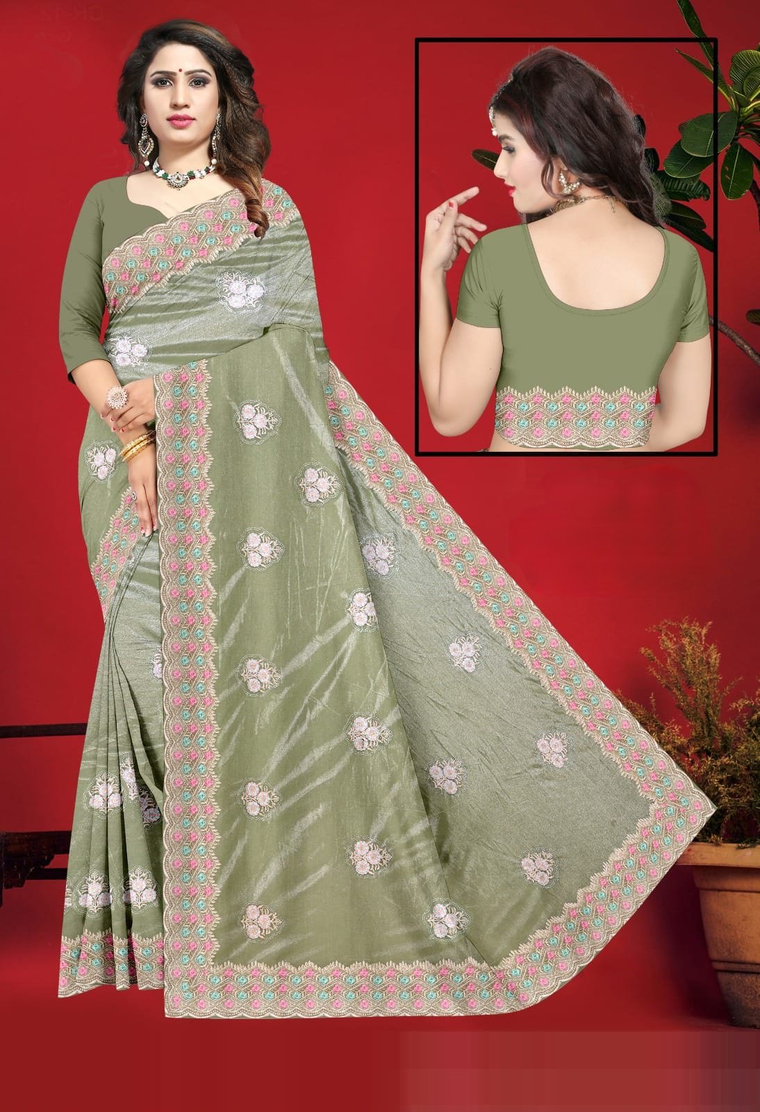 Designer Saree Twill Net Fabric With Siroski #1